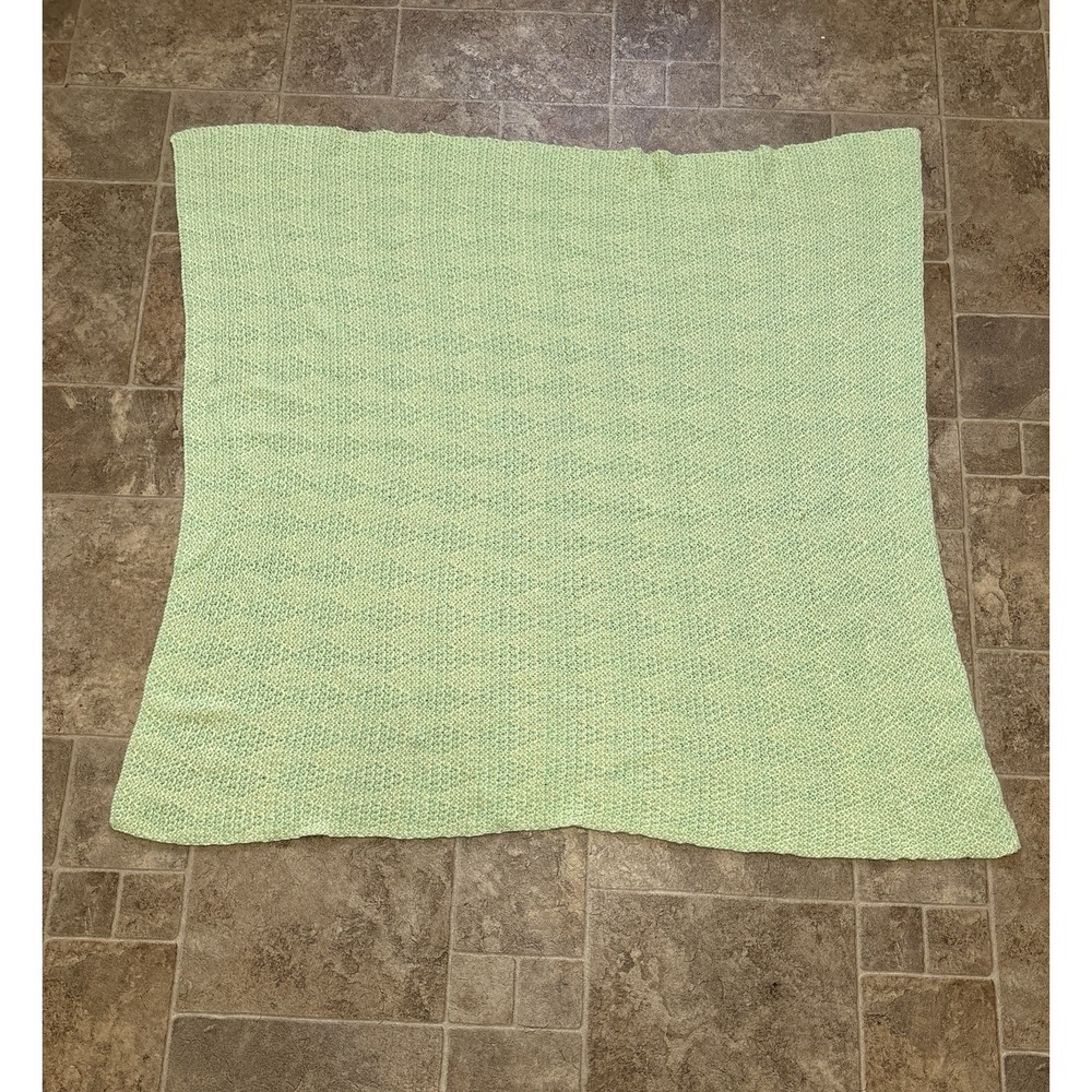 Vintage Handmade Crochet Baby Blanket Light Green Yellow Crib Throw ~40x40